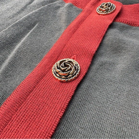 Olive Green Wool Knit Cardigan Contrast Hem Gold Buttons - Picture 8 of 11